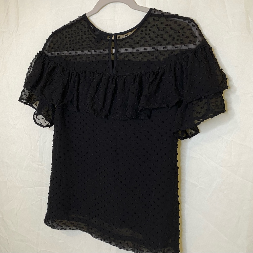 J. Crew Swiss Dot Top Blouse Black Keyhole Back Sheer Top Flowy Sleeves Sz 0